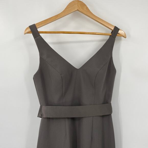 Vera Wang White Label Gown Crepe V Neck Sleeveles Open Back Belted Maxi Gray 2 - Picture 3 of 7